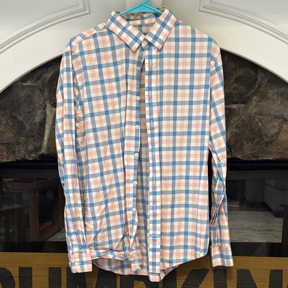 Mens Express Fitted Casual Checkered Shirt in White Blue and Pink size L 16-16.5